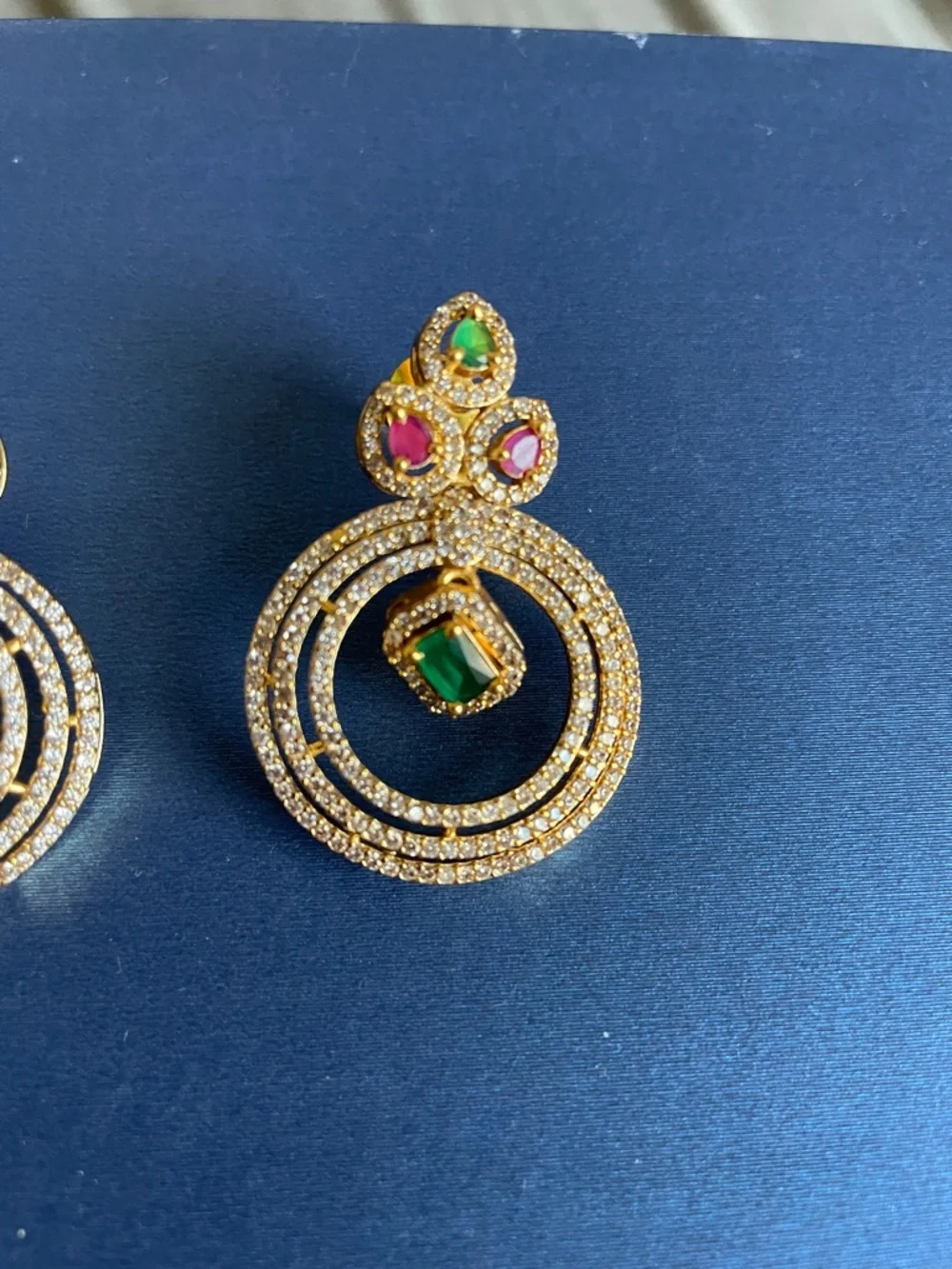 Gold-Tone Multi-Gem Drop Earrings with Green and Pink Stones